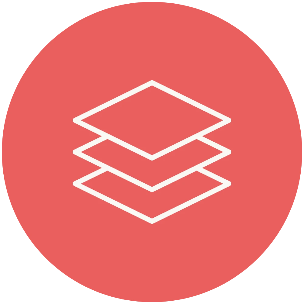 Minimalist white line icon of three stacked layers centered on a solid coral pink circular background.