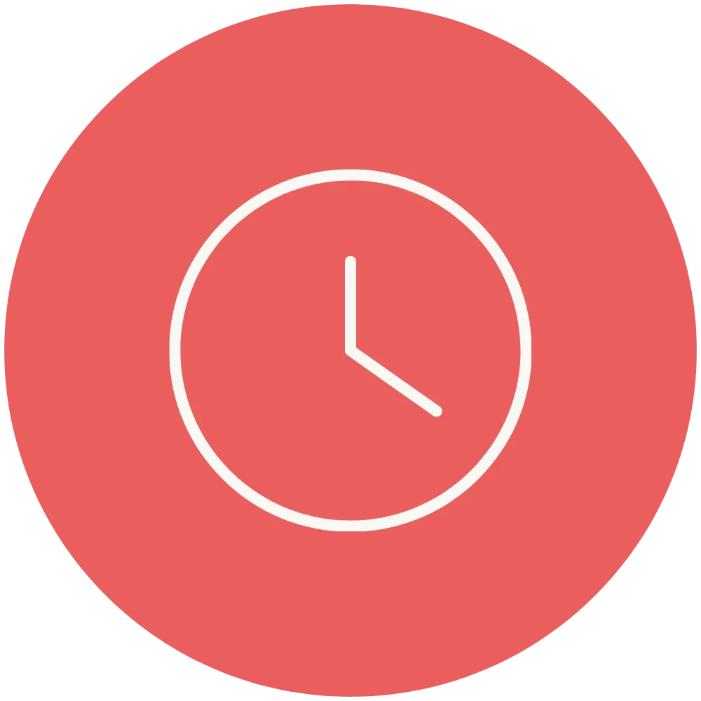 Minimalist white line icon of a clock centered on a solid coral pink circular background.