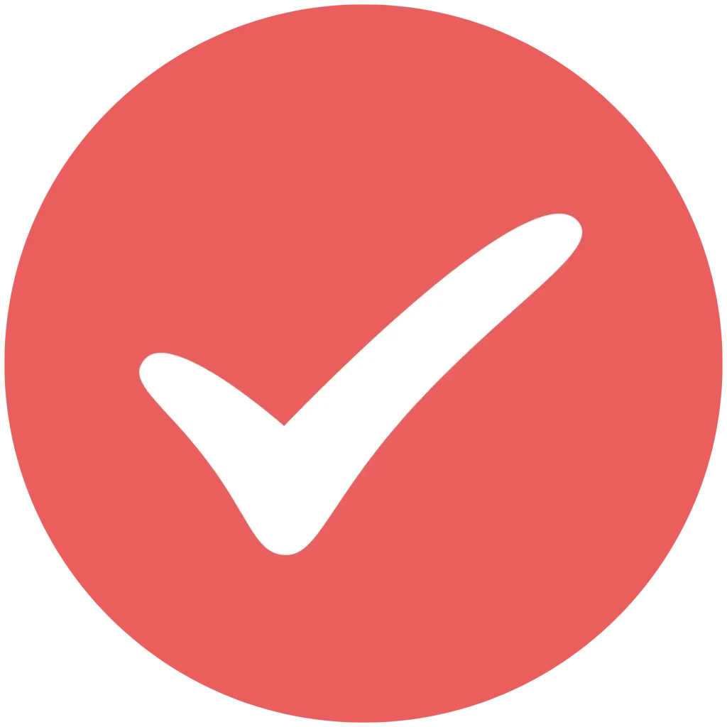 White checkmark icon centered on a red pink circular background.