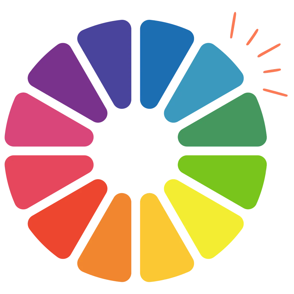 A colorful, segment-based color wheel graphic isolated on a solid black background.