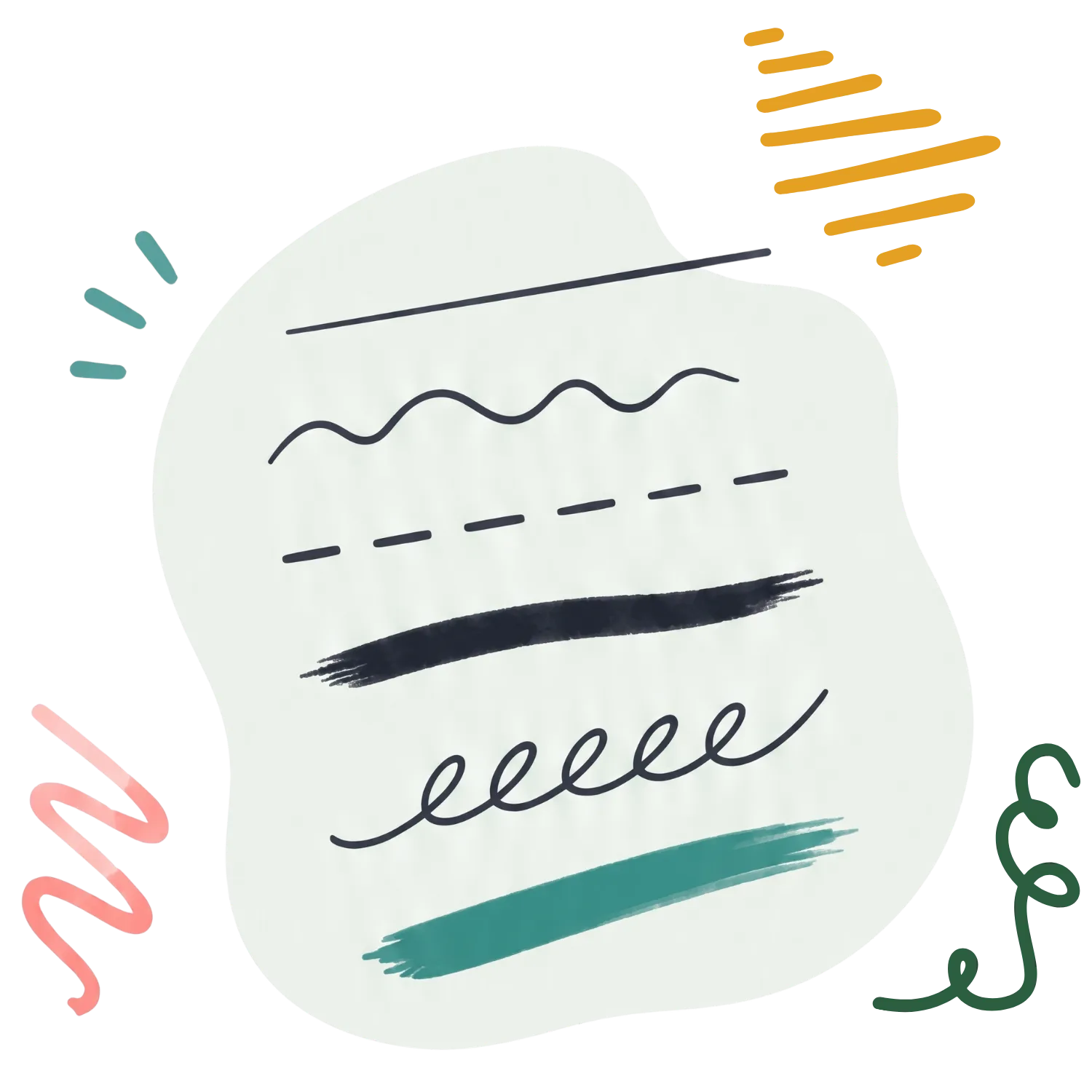 Graphic showcasing various line styles (solid, wavy, dashed, brushed, looped) on a white shape as elements of art.