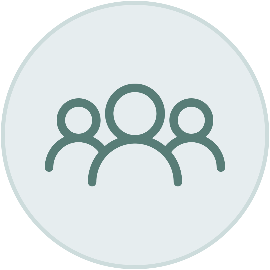Green outline icon of three user profiles or a group of people inside a light green circle.