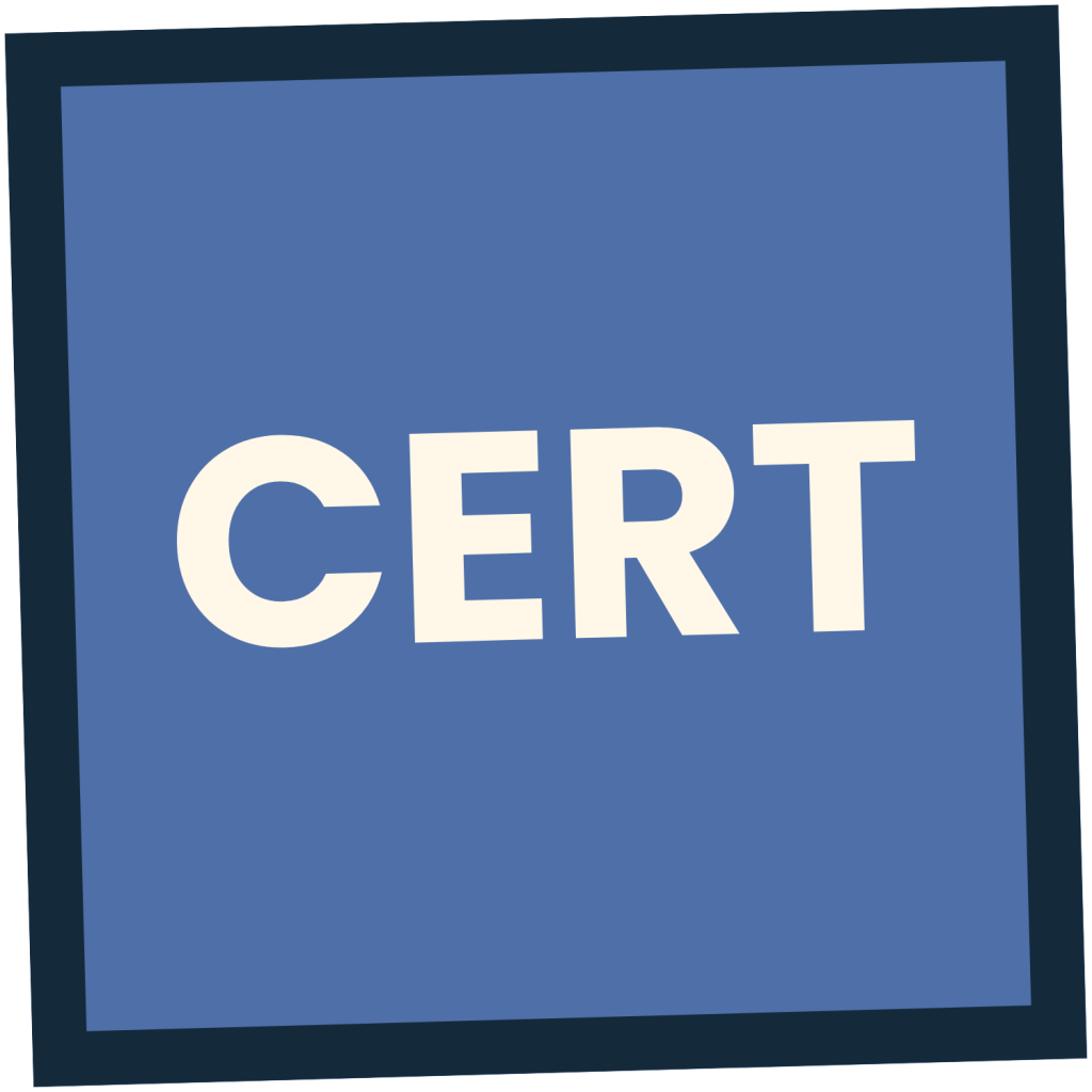 Bold off-white text CERT centered inside a blue square with a dark blue border.