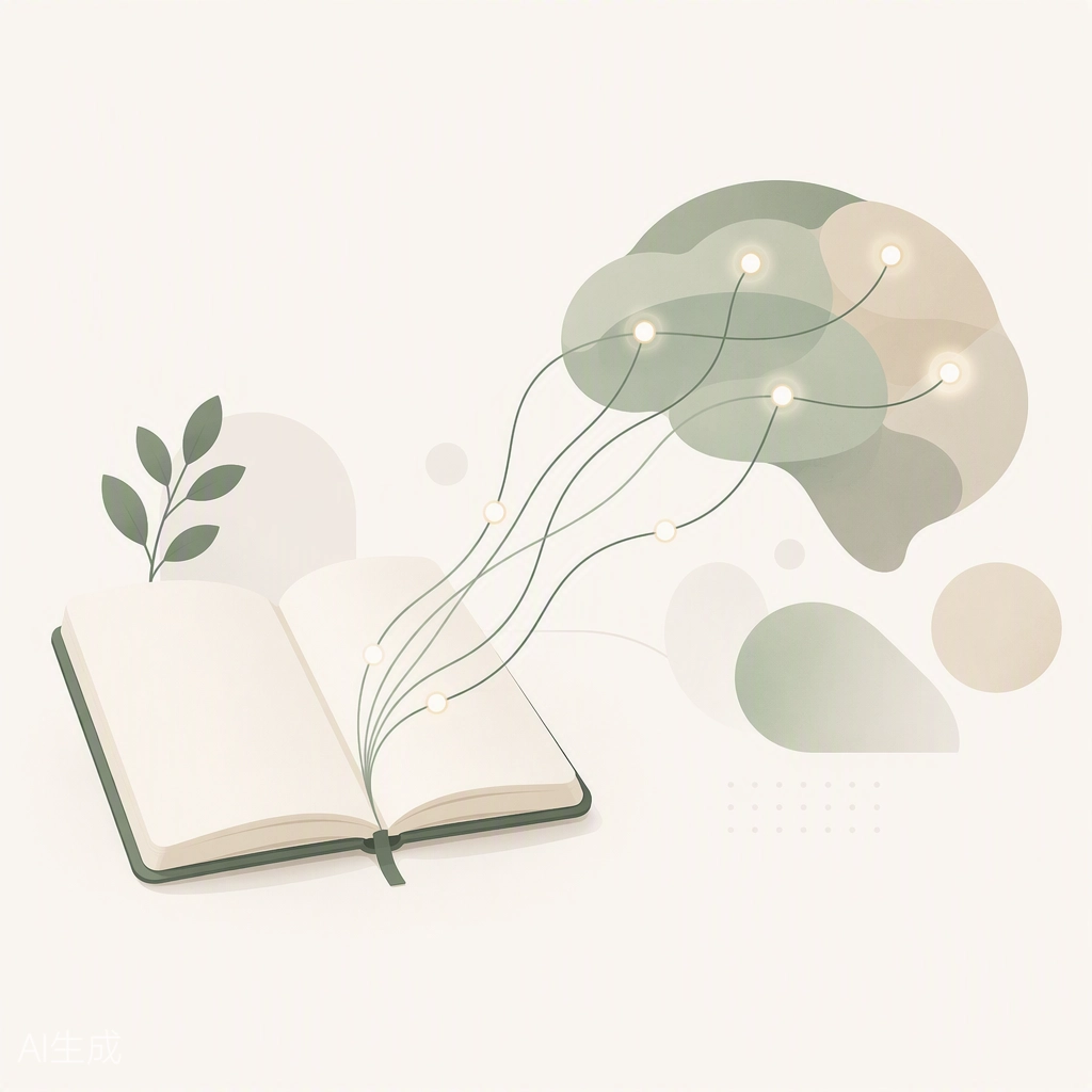 Book and brain connection, abstract shapes, and lighting. This art illustrates the key benefits of journaling.
