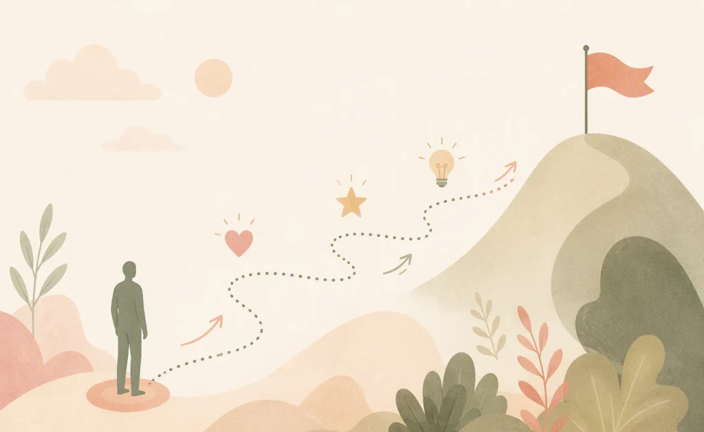 Illustration of a person's journey over hills to a flag, passing key elements of a story: heart, star, idea.