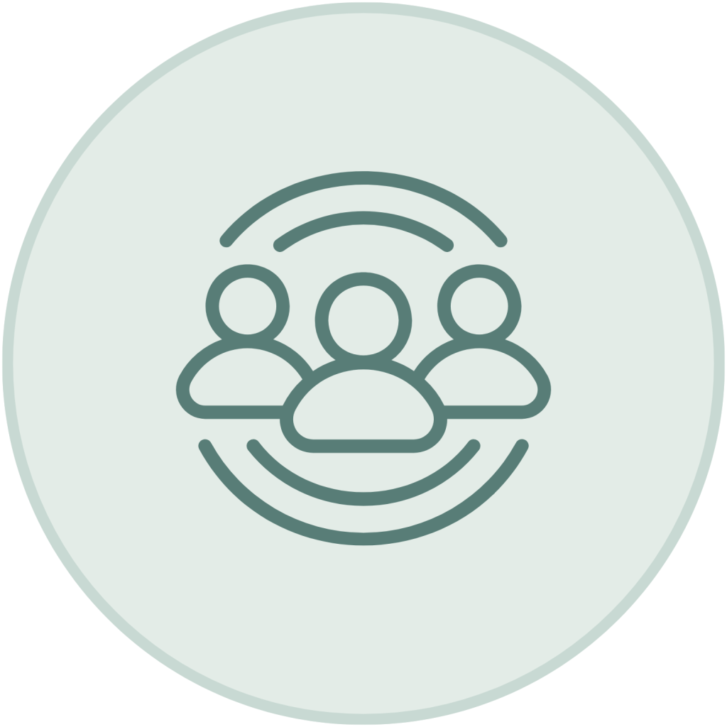 Green outline icon of three people surrounded by radiating signal waves inside a light green circle.