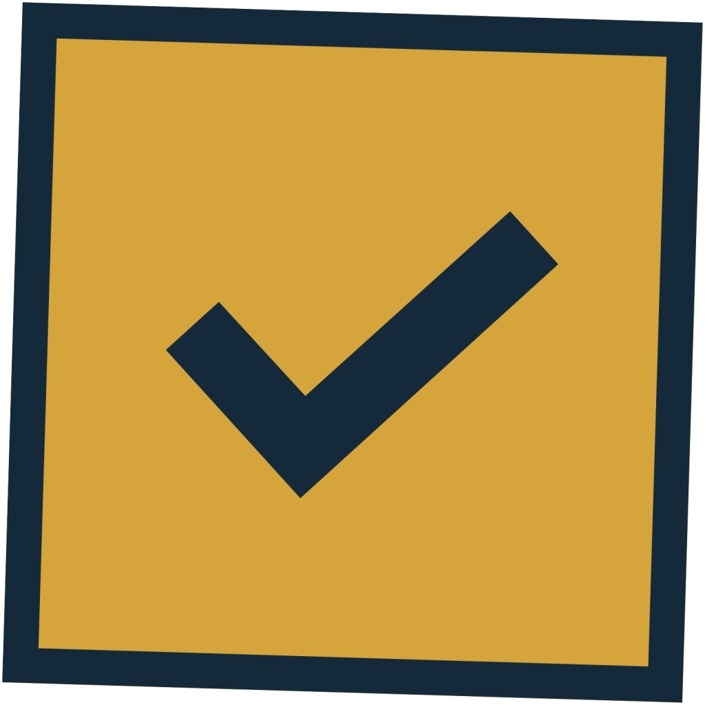 Dark blue checkmark icon centered inside a mustard yellow square with a matching dark blue border.