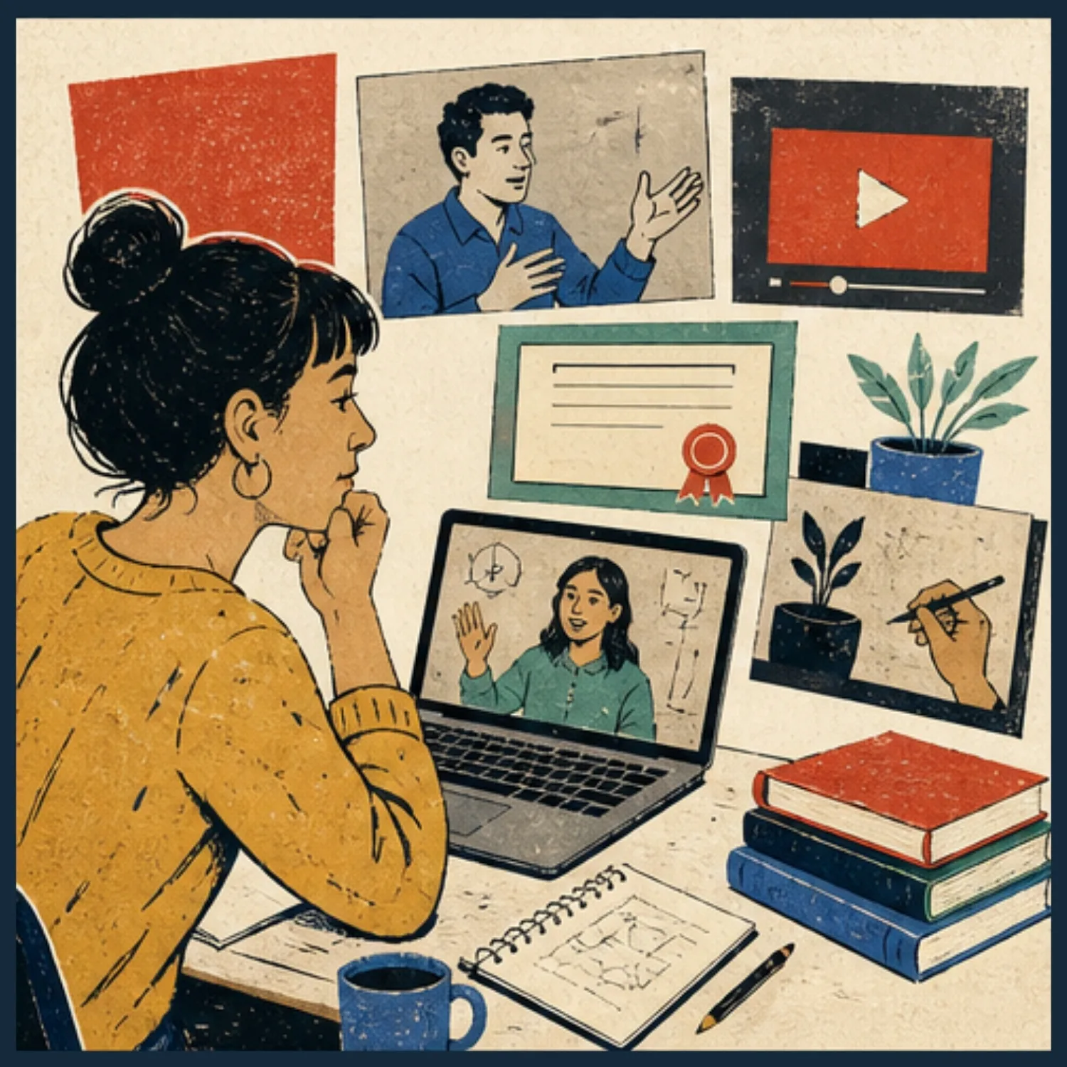 Woman studying at a desk with a laptop surrounded by video lessons, certificates, and books, demonstrating an alternative to Udemy.
