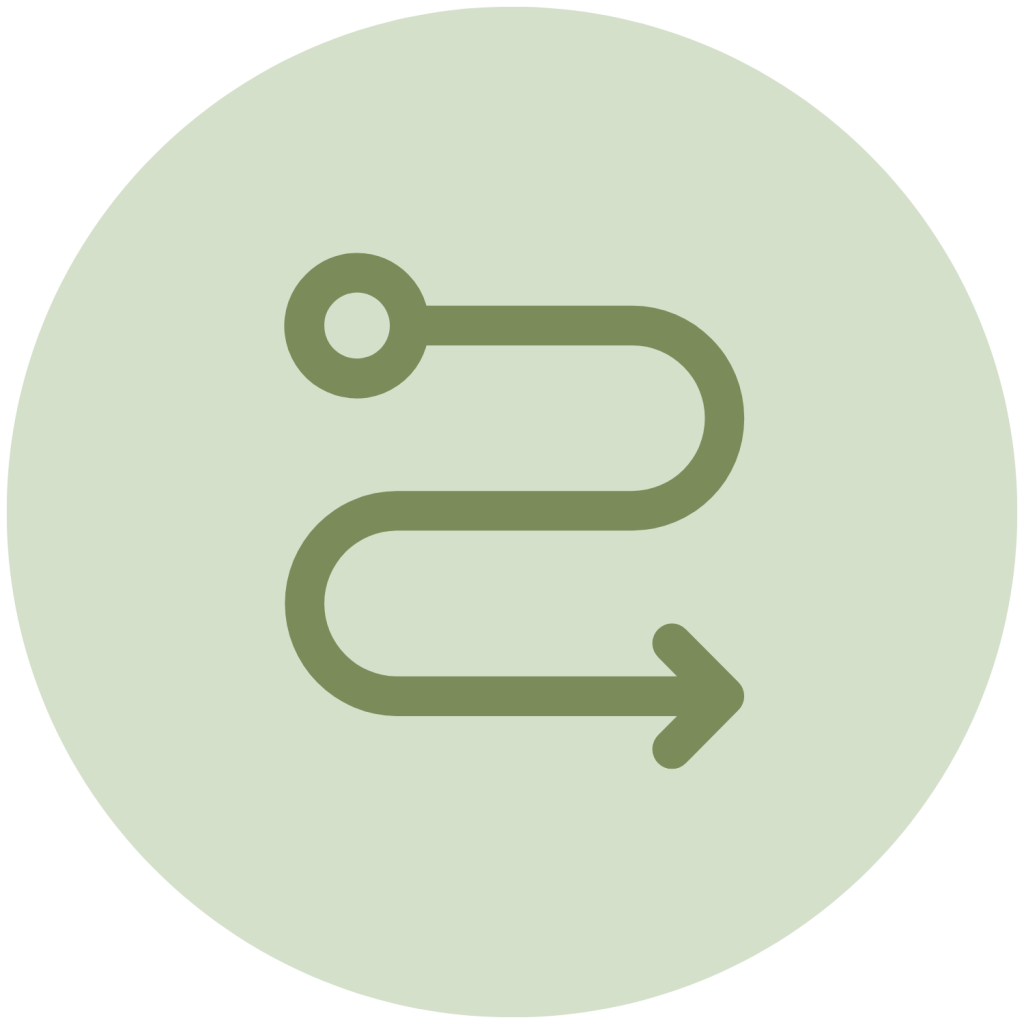 A green winding path icon starting with a circle and ending with an arrow, on a light green circular background.