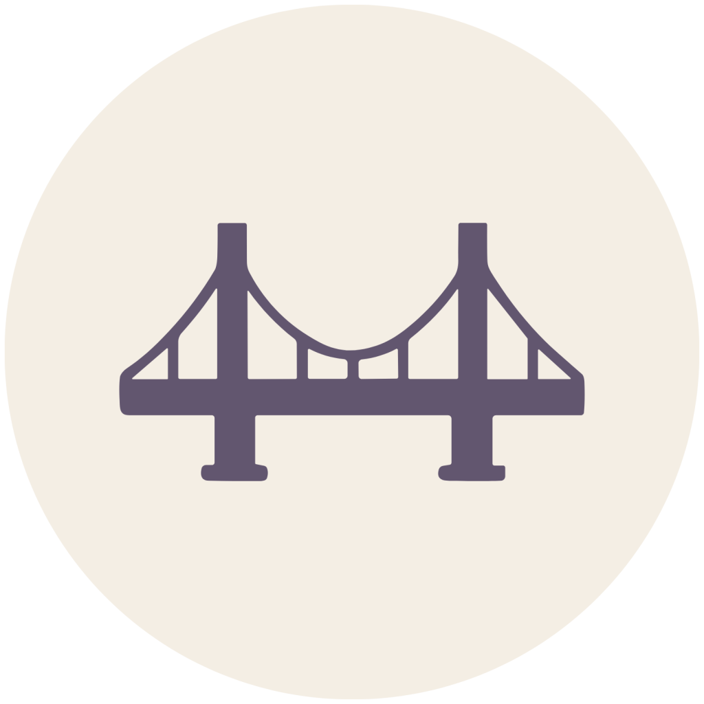 A flat, dark-grey icon of a suspension bridge with two towers on a light-beige circular background.