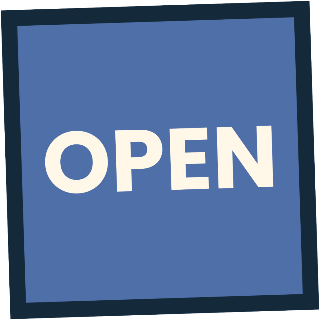 Bold off-white text OPEN centered inside a blue square with a dark blue border.