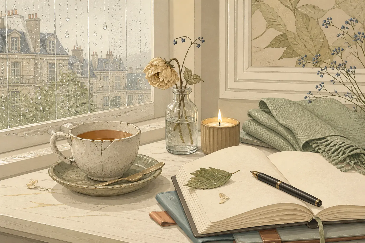 Open notebook with pen, cup of tea, candle, and flowers on a windowsill looking out at rainy city rooftops.