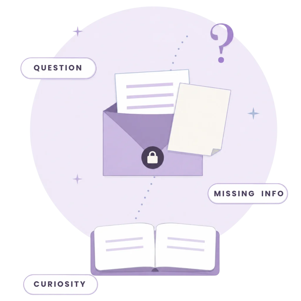 Use a locked envelope, a question mark, and an open book to keep readers hooked with a narrative gap.