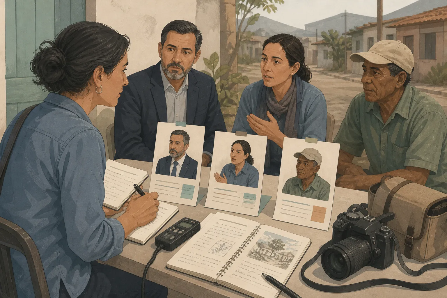 Journalist conducting an interview with local sources using a recorder, camera, and notebook, demonstrating the basics of journalism.