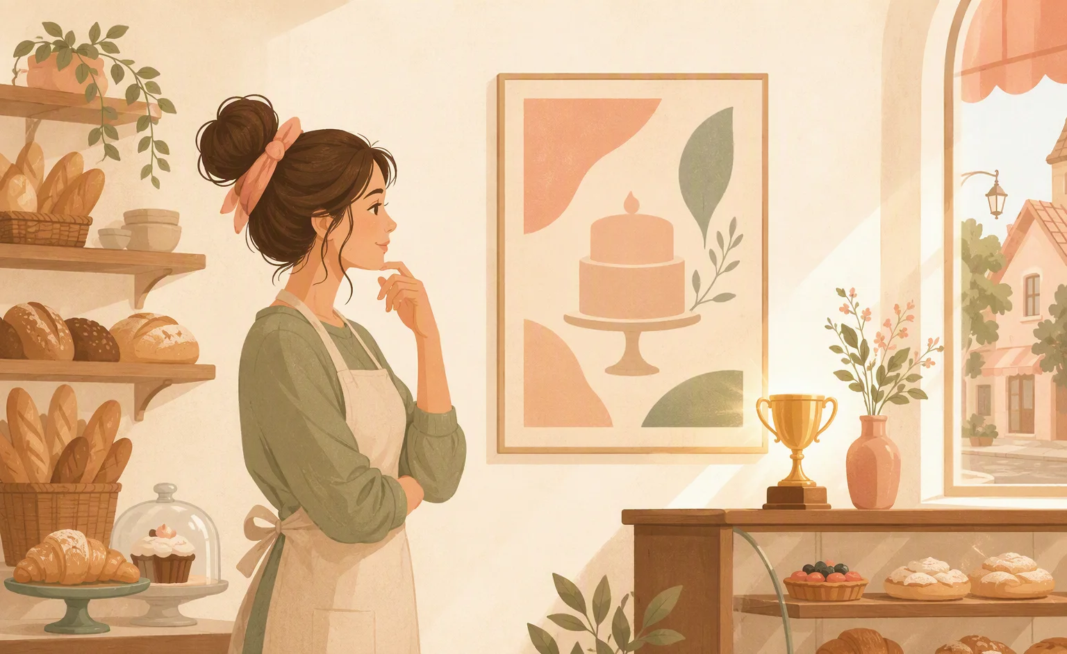 A contemplative female baker in a sunlit shop, surrounded by breads, with a trophy and cake art.