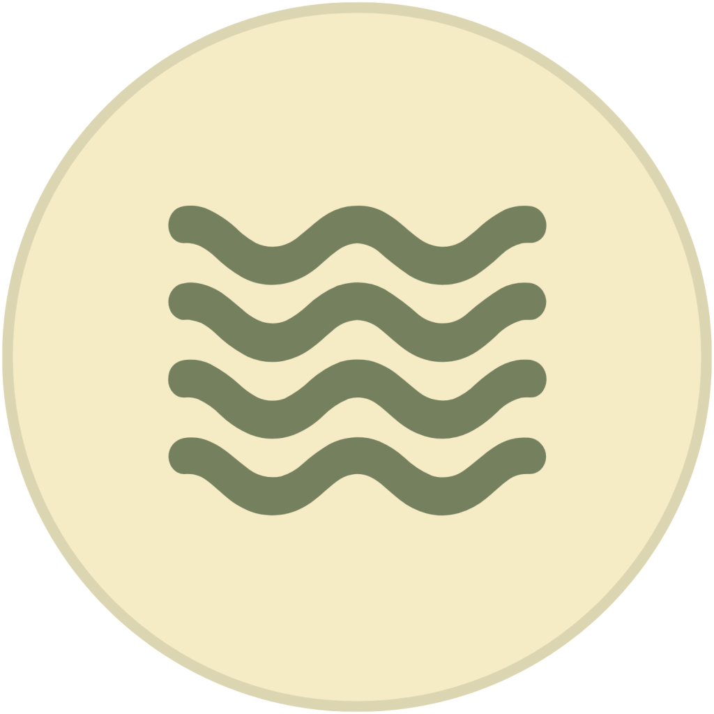 Green wavy water lines icon inside a light beige circle.