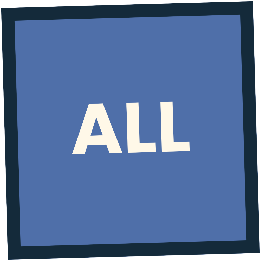 Bold off-white text ALL centered inside a blue square with a dark blue border.