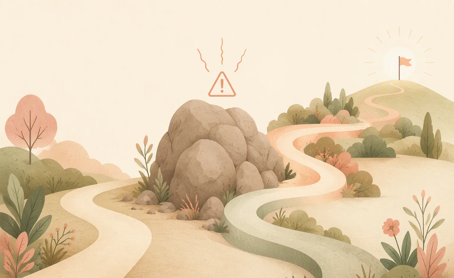 A path with a large boulder obstacle and a flag, illustrating the conflict and resolution elements of a story.