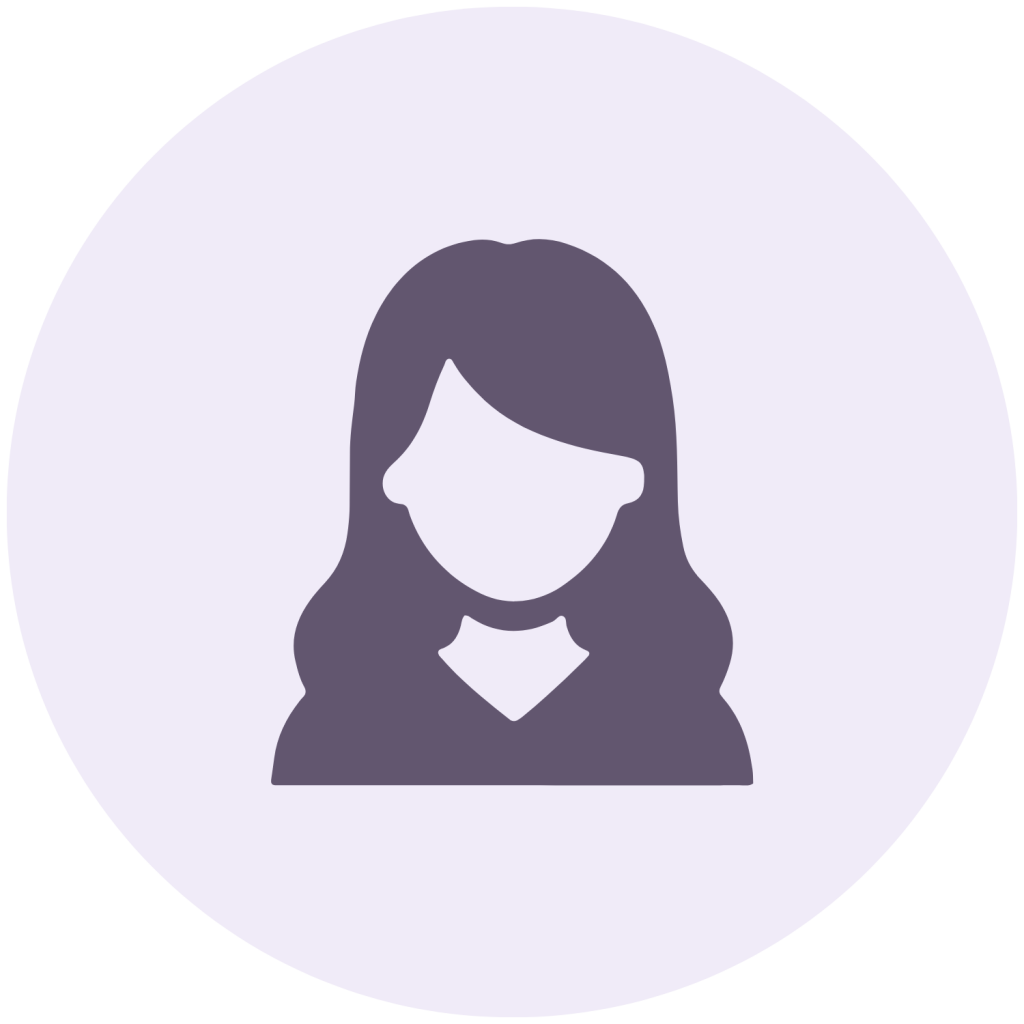 Silhouette icon of a woman with long wavy hair inside a light purple circle.