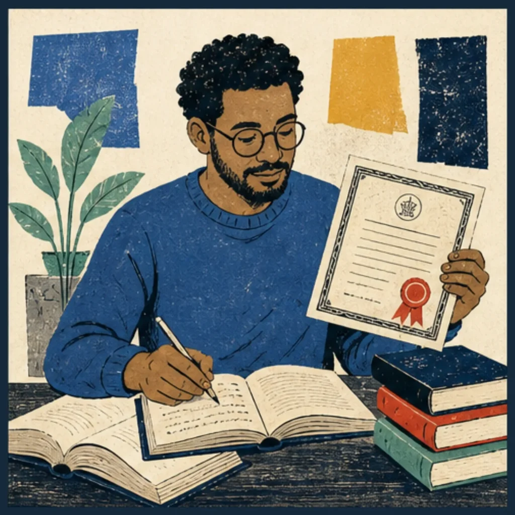 Man holding an earned certificate while studying with open books and taking notes at a desk, demonstrating an alternative to Udemy.