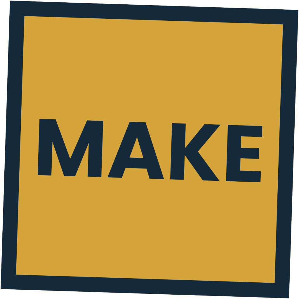 Bold dark blue text MAKE centered inside a mustard yellow square with a matching dark blue border.