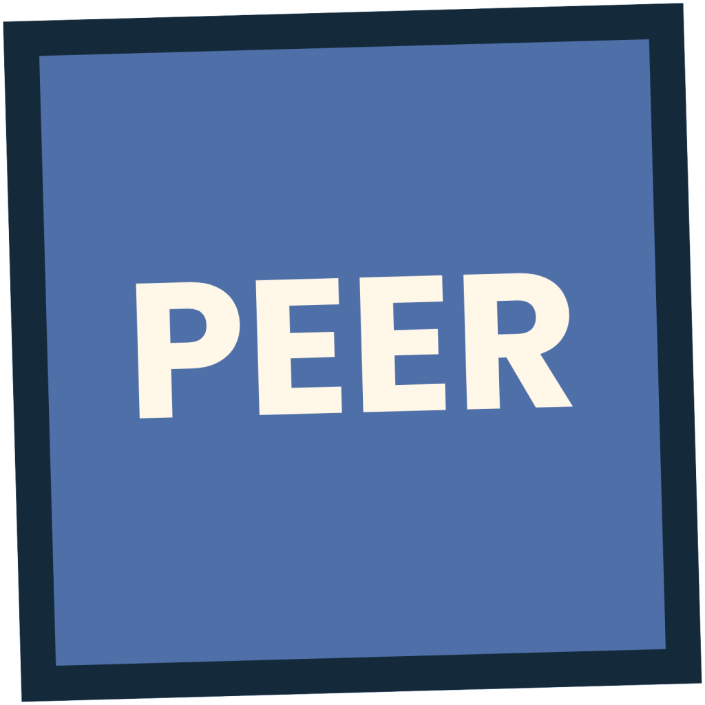 Bold off-white text PEER centered inside a blue square with a dark blue border.