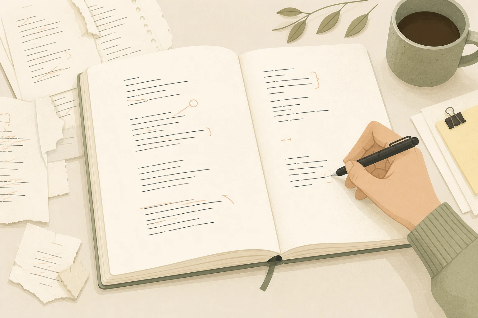 Person editing and revising lines in an open notebook with a pen at a desk, illustrating how to write a poem.