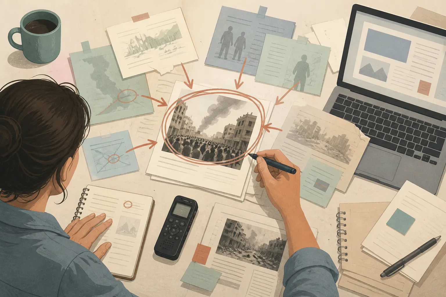 Journalist cross-referencing field reports, maps, photos, and digital notes on a desk to practice the basics of journalism.