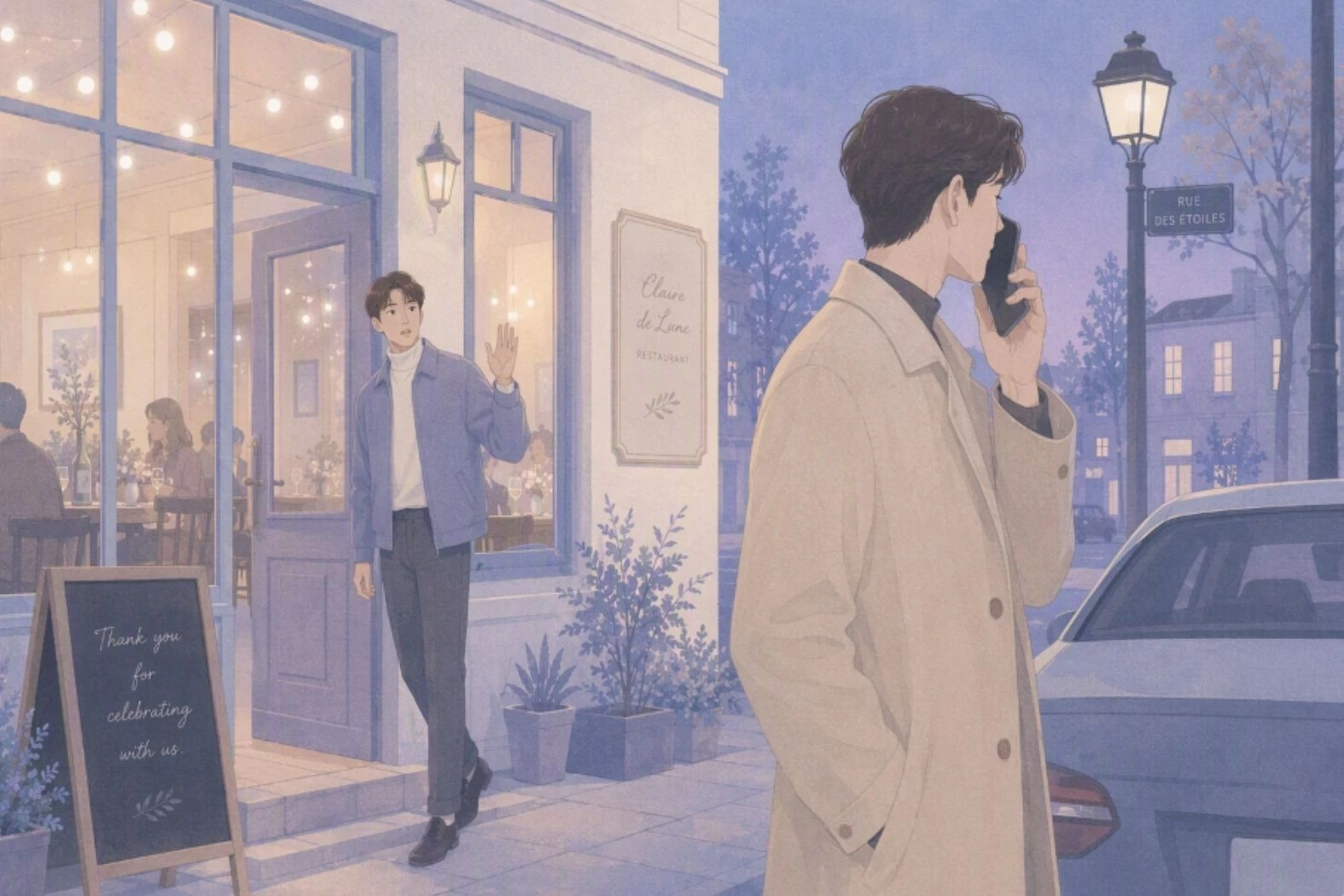 Man talking on a phone outside a restaurant while another man waves to him from the doorway.