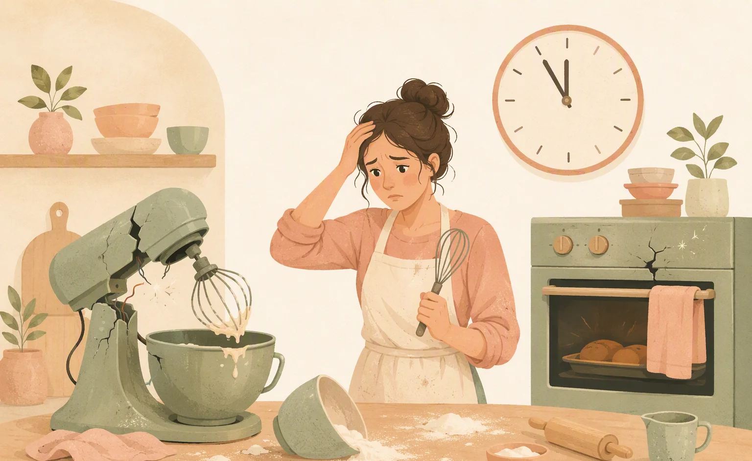 Stressed woman with a broken mixer and a messed-up kitchen, showing conflict in the elements of a story.