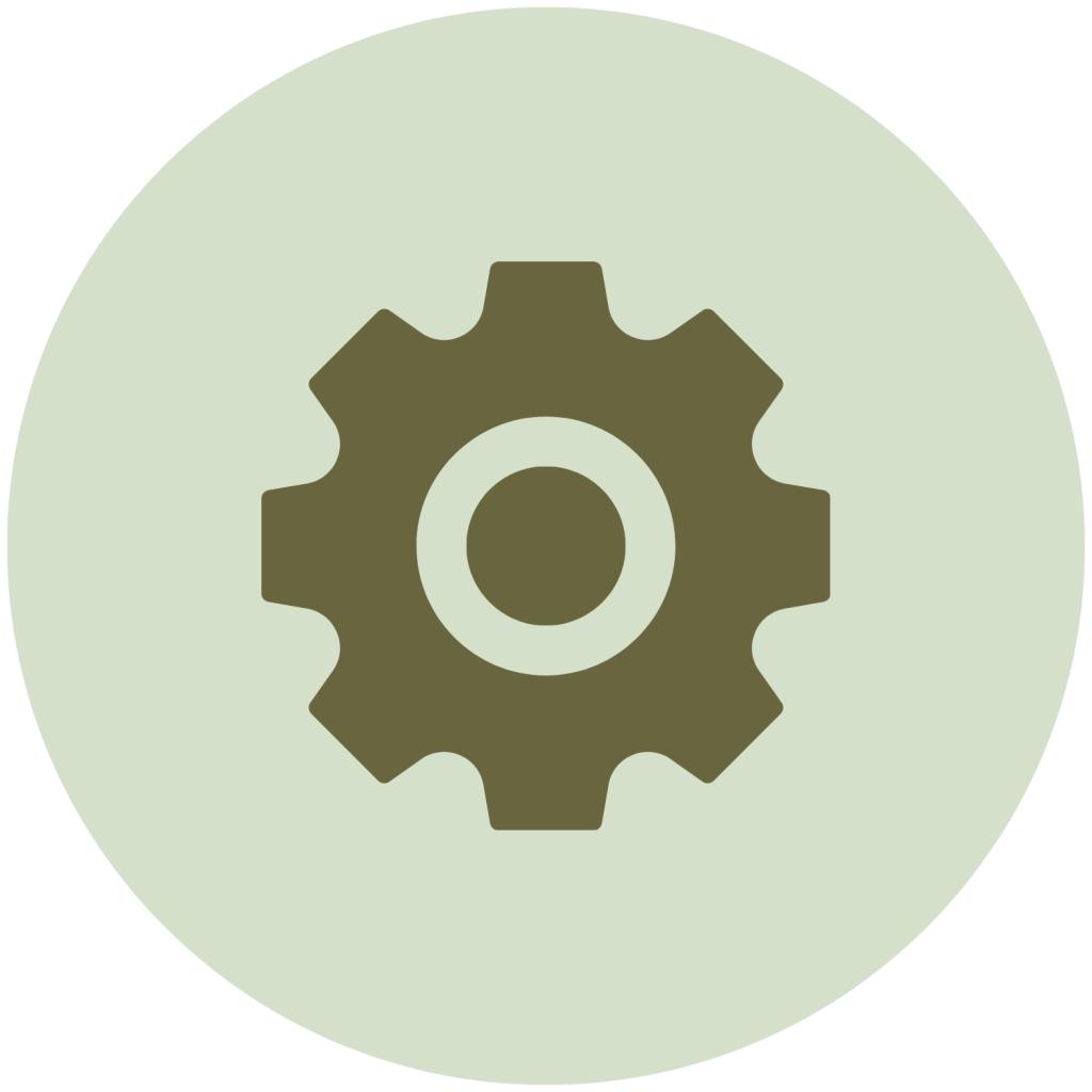 A green gear icon on a light green circular background.