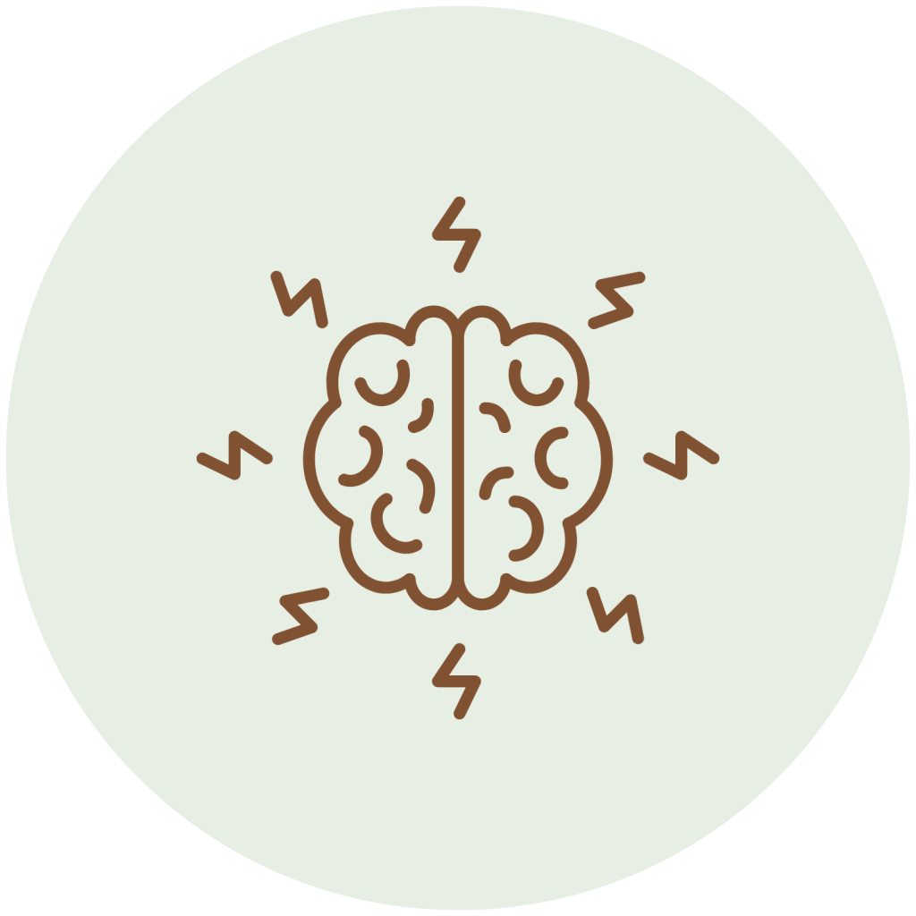 A brain with overload icon, centered in a light green circle.