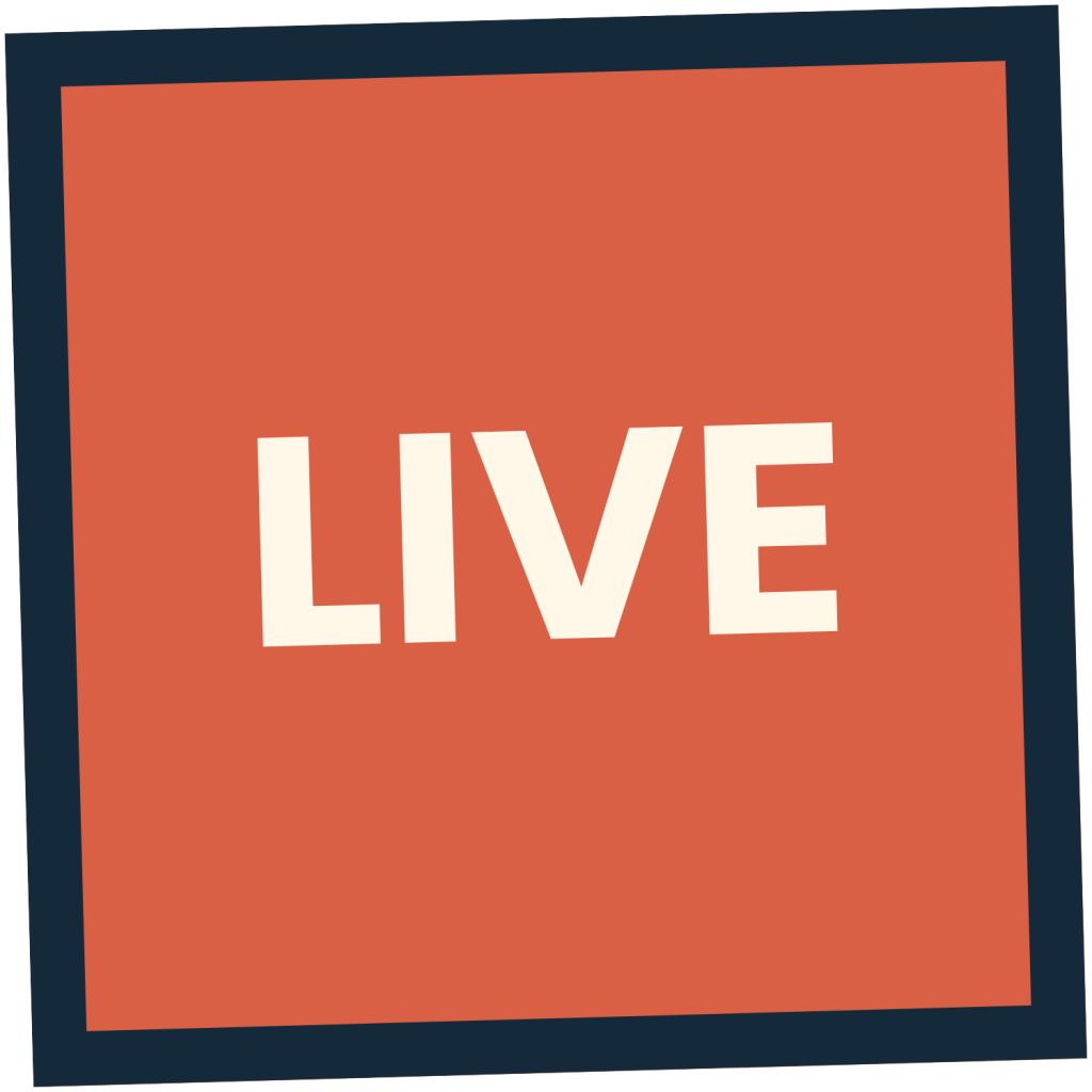 Bold off-white text LIVE centered inside a terracotta red square with a dark blue border.