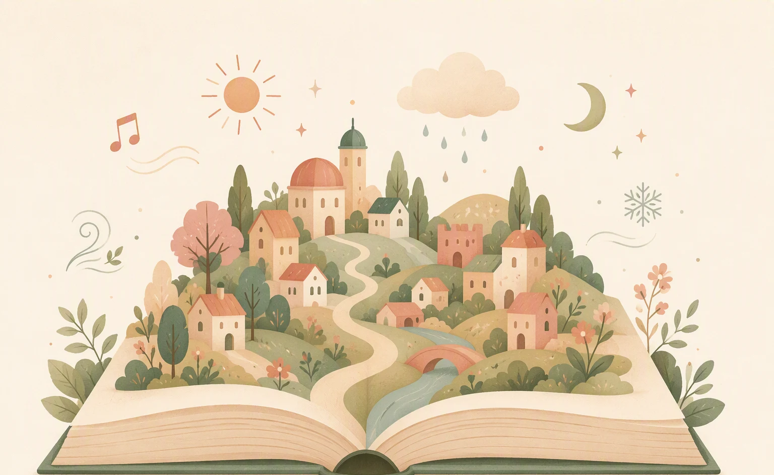 Open book with a magical town, sun, rain, and symbols, representing different elements of a story.
