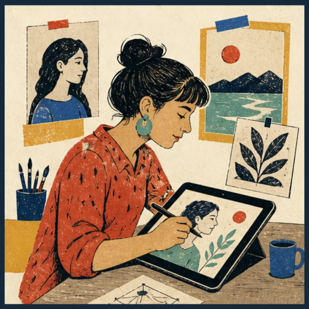 Woman creating digital art on a tablet surrounded by reference drawings and artwork, demonstrating an alternative to Udemy.