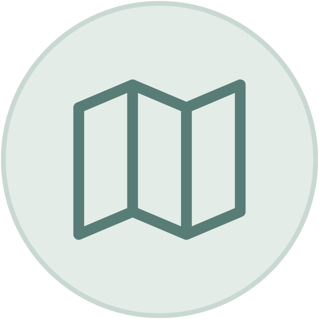 Green folded map icon inside a light blue-green circle.