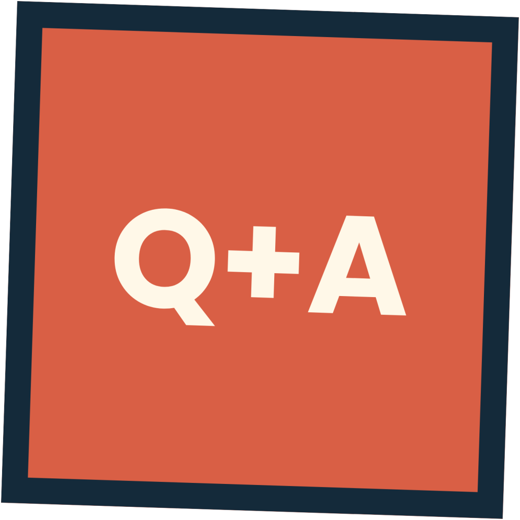 Bold off-white text Q+A centered inside a terracotta red square with a dark blue border.