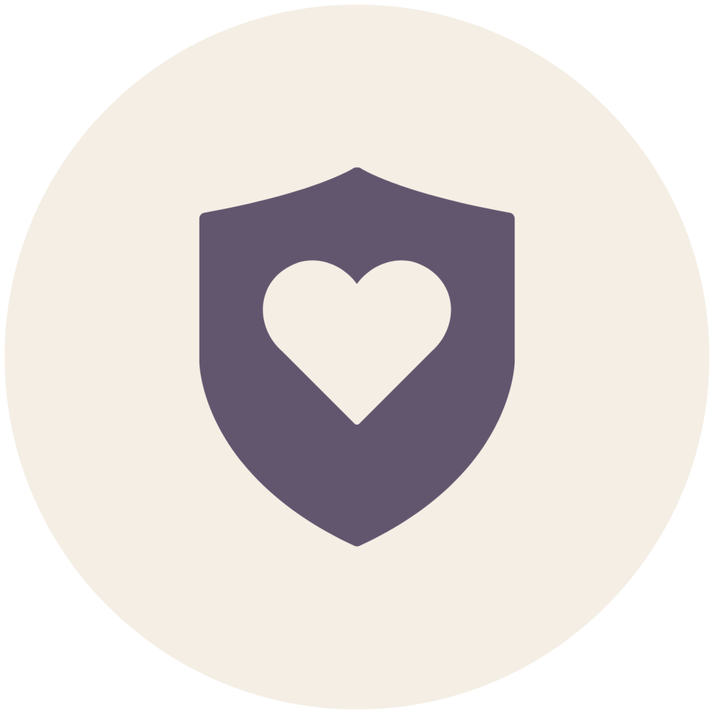 Shield icon with a heart symbol inside a light beige circle.