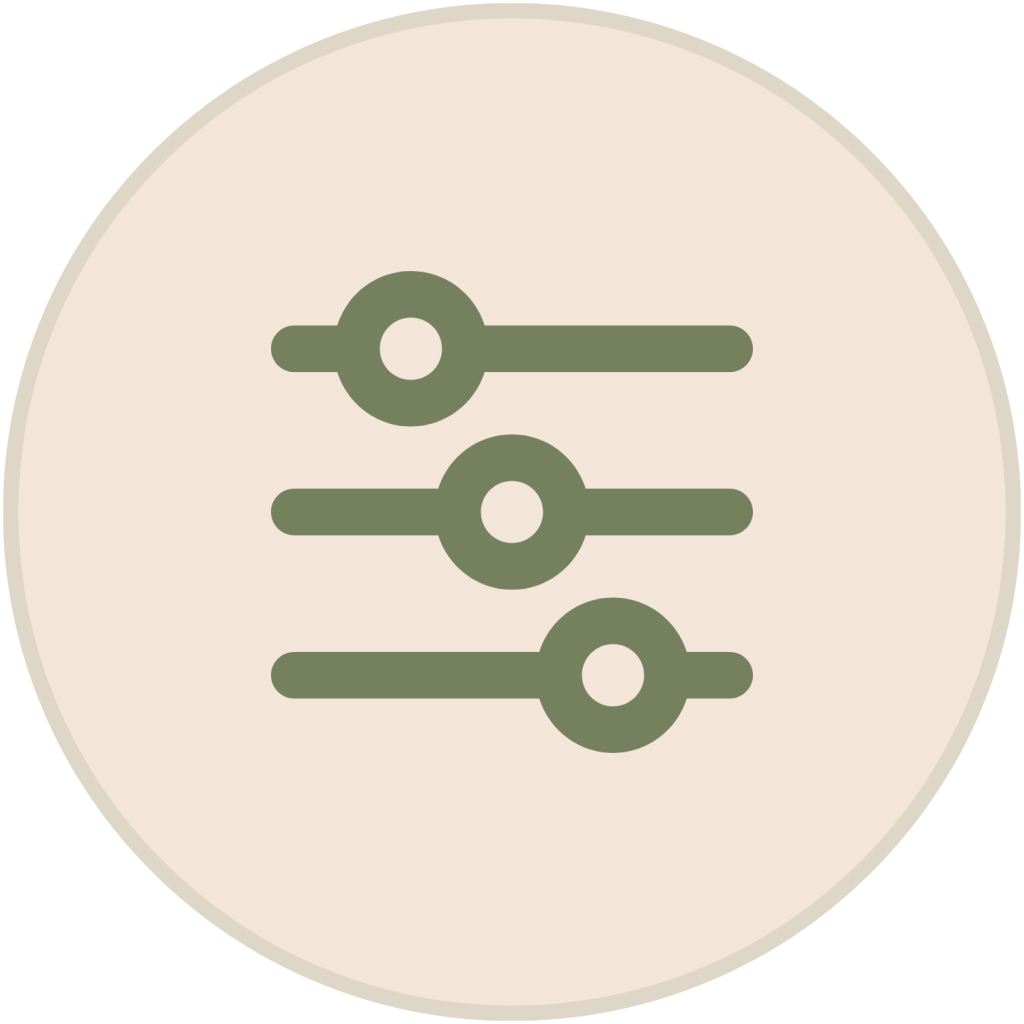 Green slider controls icon inside a light beige circle.