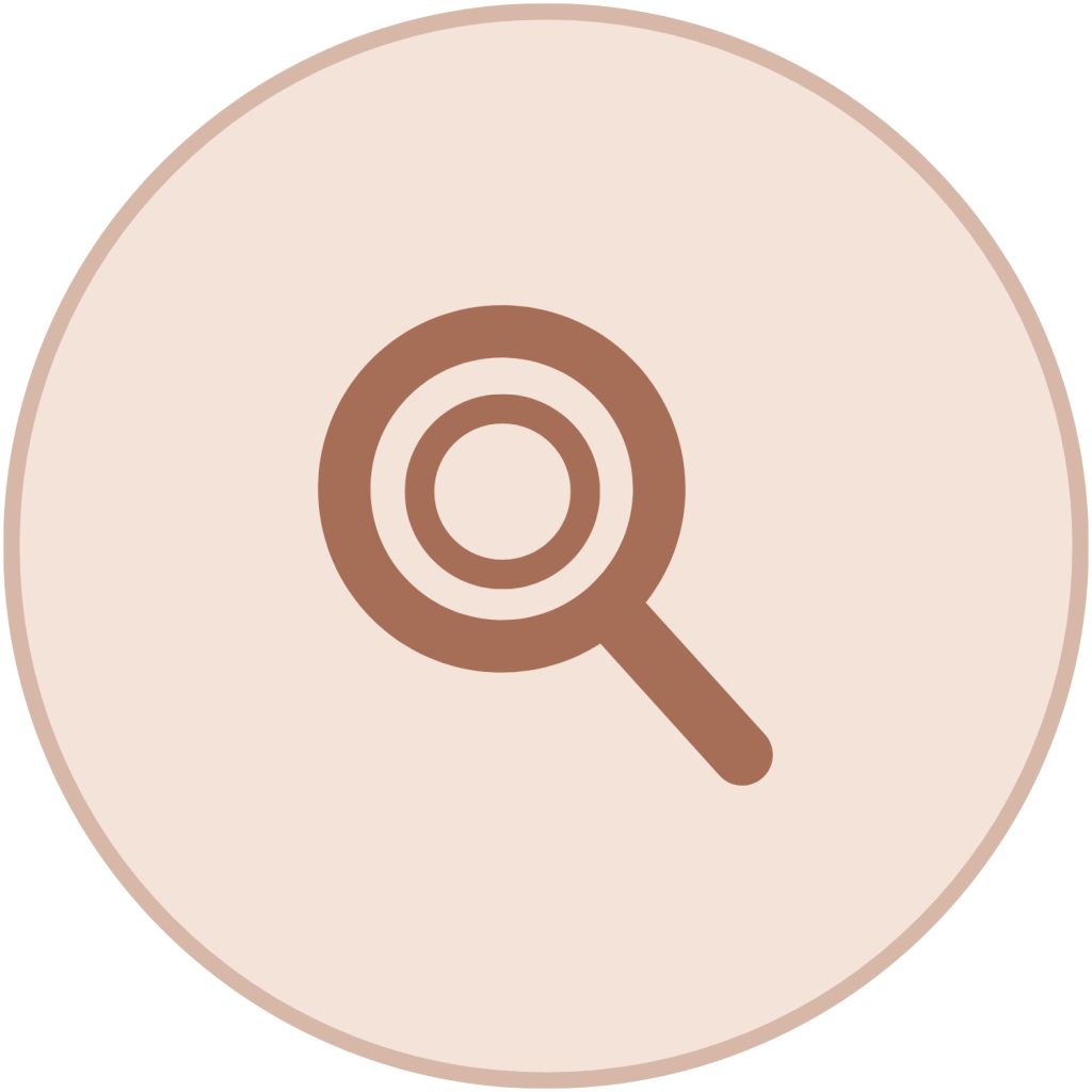 Brown outline magnifying glass search icon inside a light peach circle.