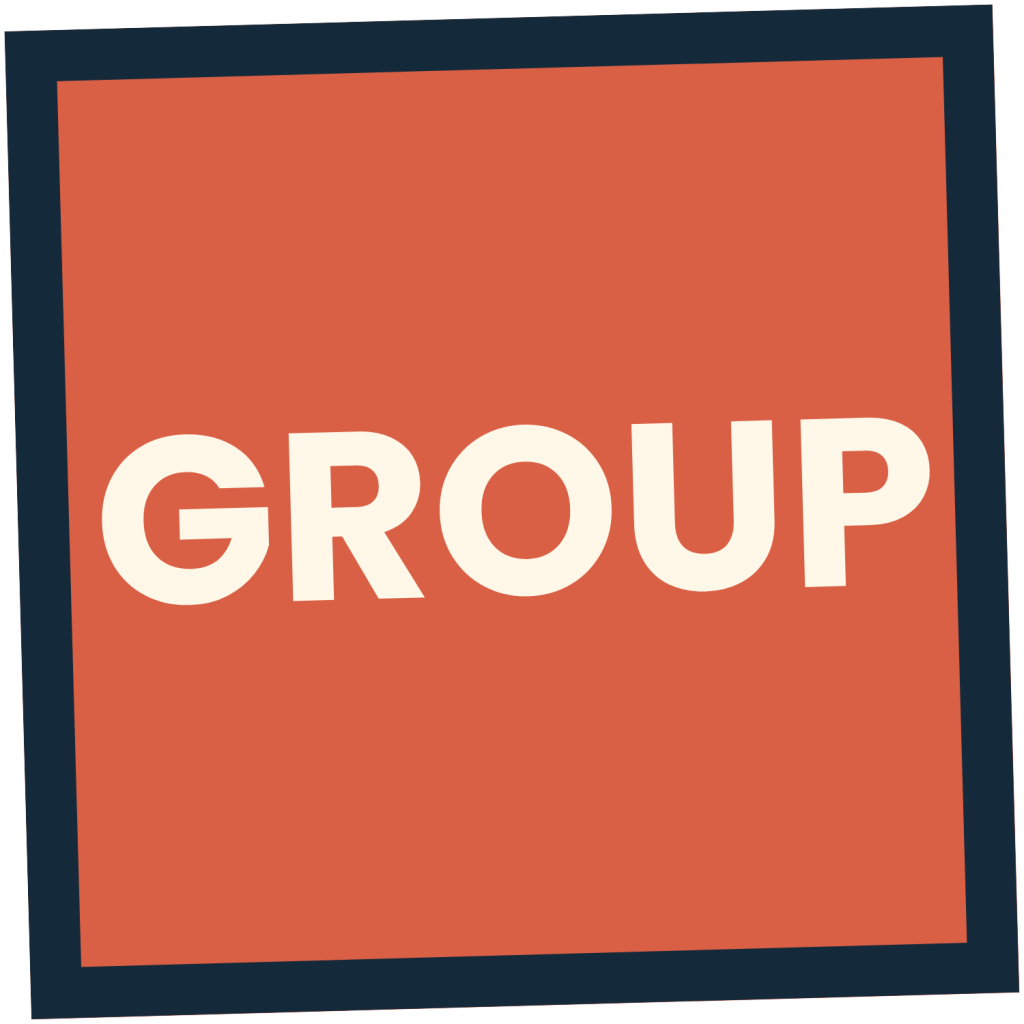 Bold off-white text GROUP centered inside a terracotta red square with a dark blue border.