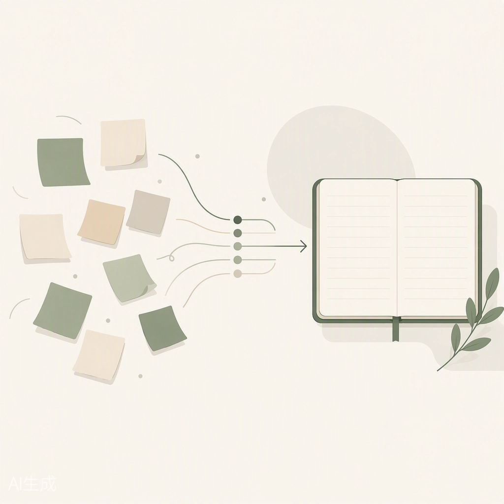 Scatter of notes flowing into an open journal, visualizing the mental clarity benefits of journaling.