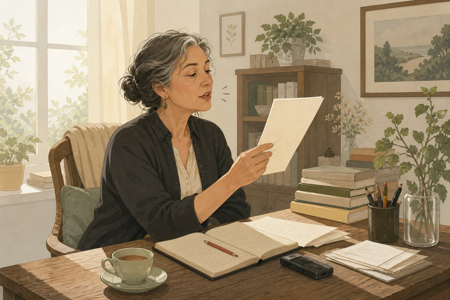 Woman reading her draft aloud at a wooden desk surrounded by books and notes, illustrating how to write a poem.