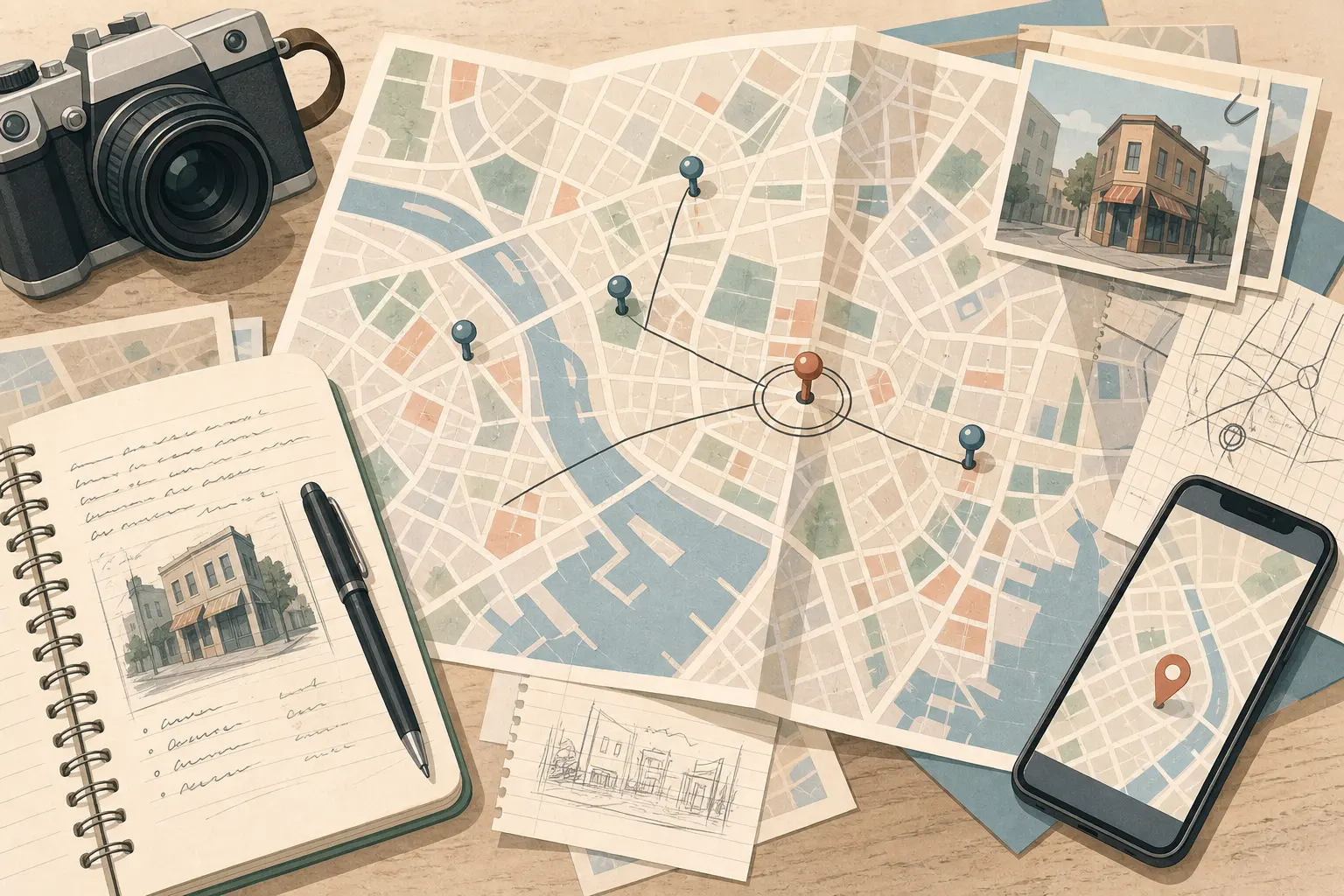 City map with location pins, vintage camera, sketchbook, and smartphone on a desk, illustrating the basics of journalism.