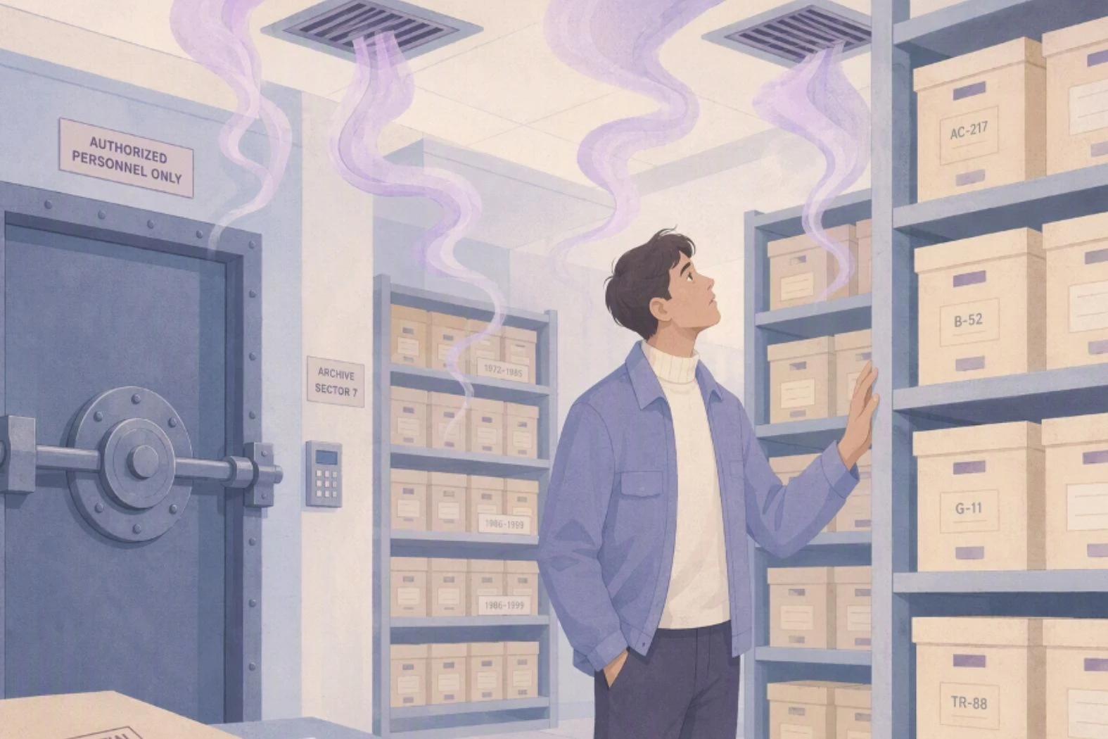 Man in an archive vault looking up at purple smoke coming from the ceiling vents.