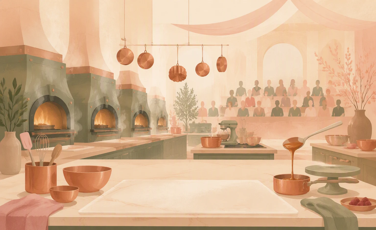 An elaborate professional kitchen sets the scene, incorporating key elements of a story through its atmosphere and details.