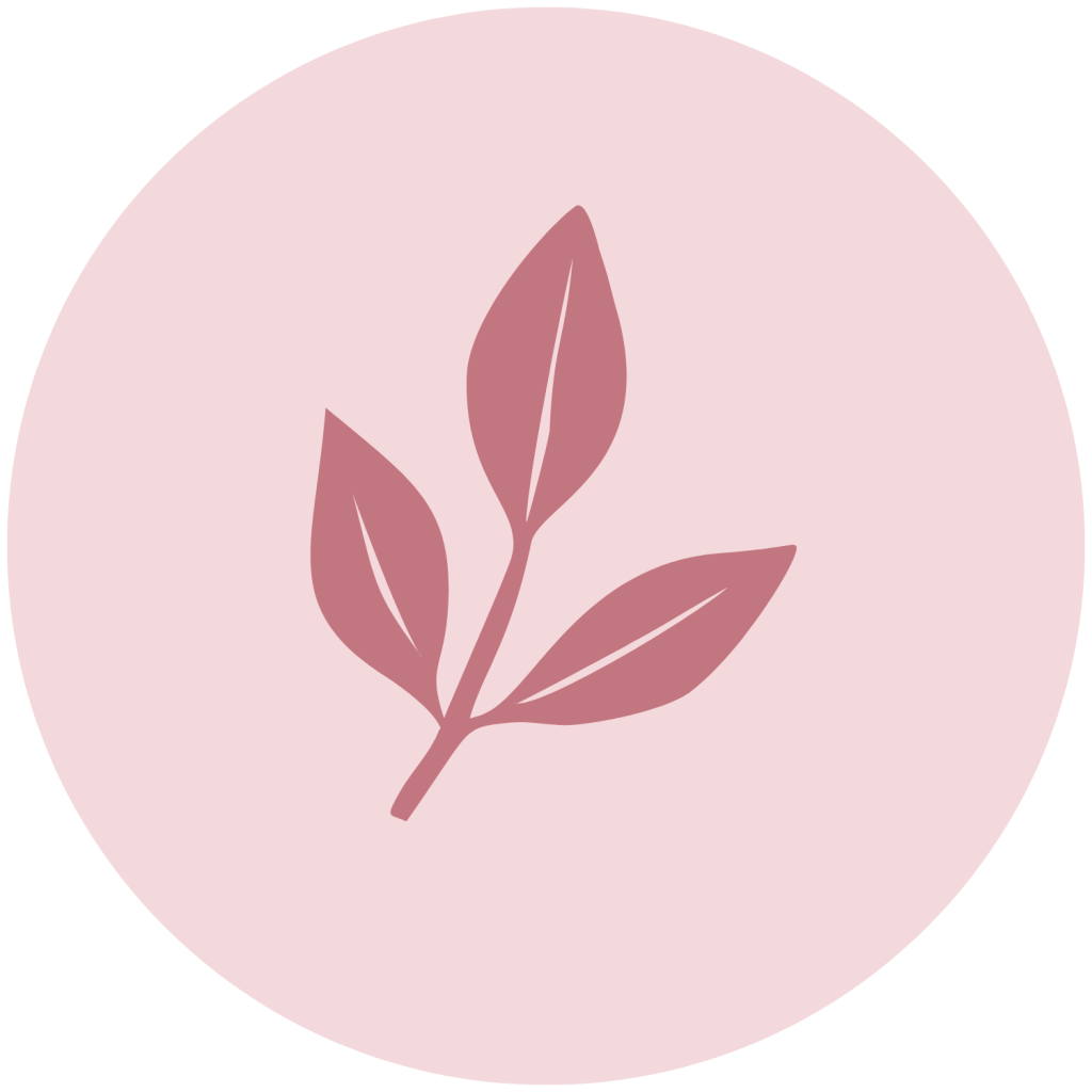 A mauve leaves icon centered within a pastel pink circle.