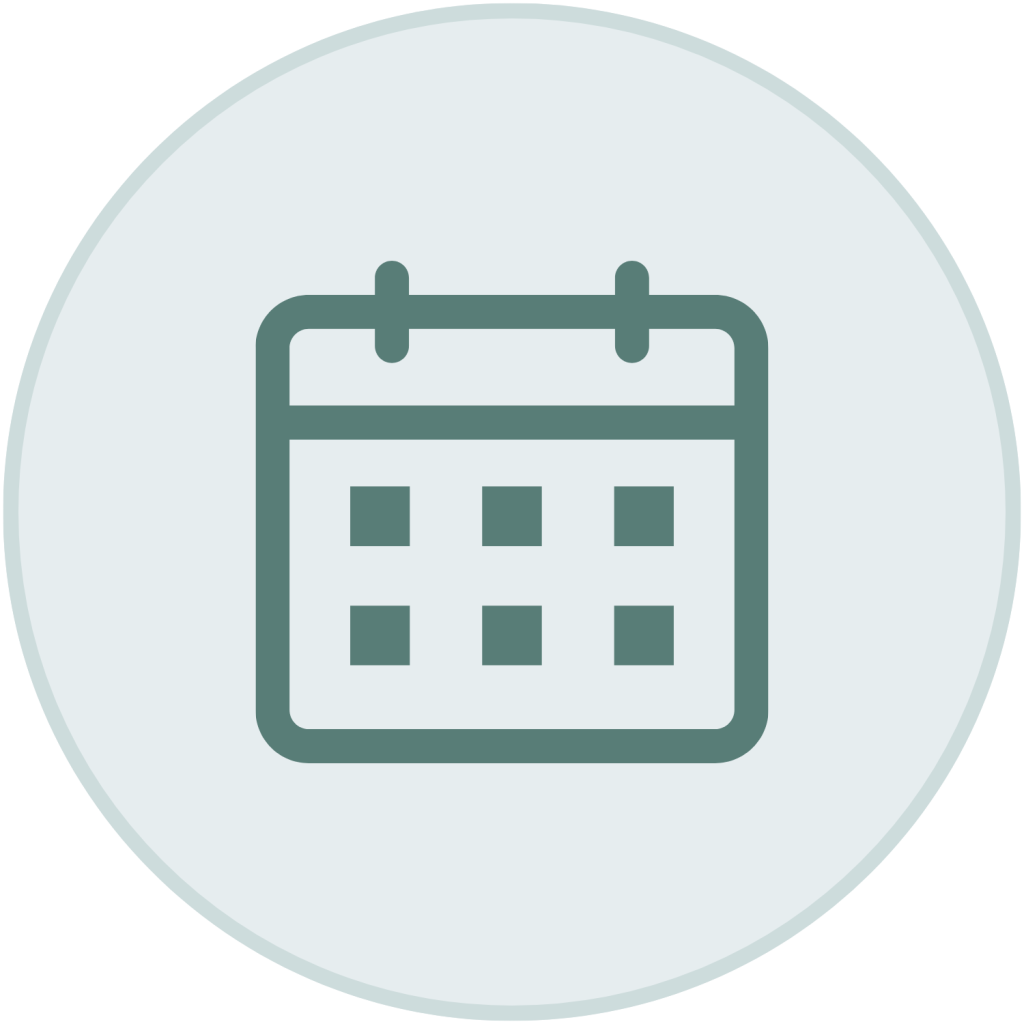 Green calendar icon with date squares inside a light blue-green circle.