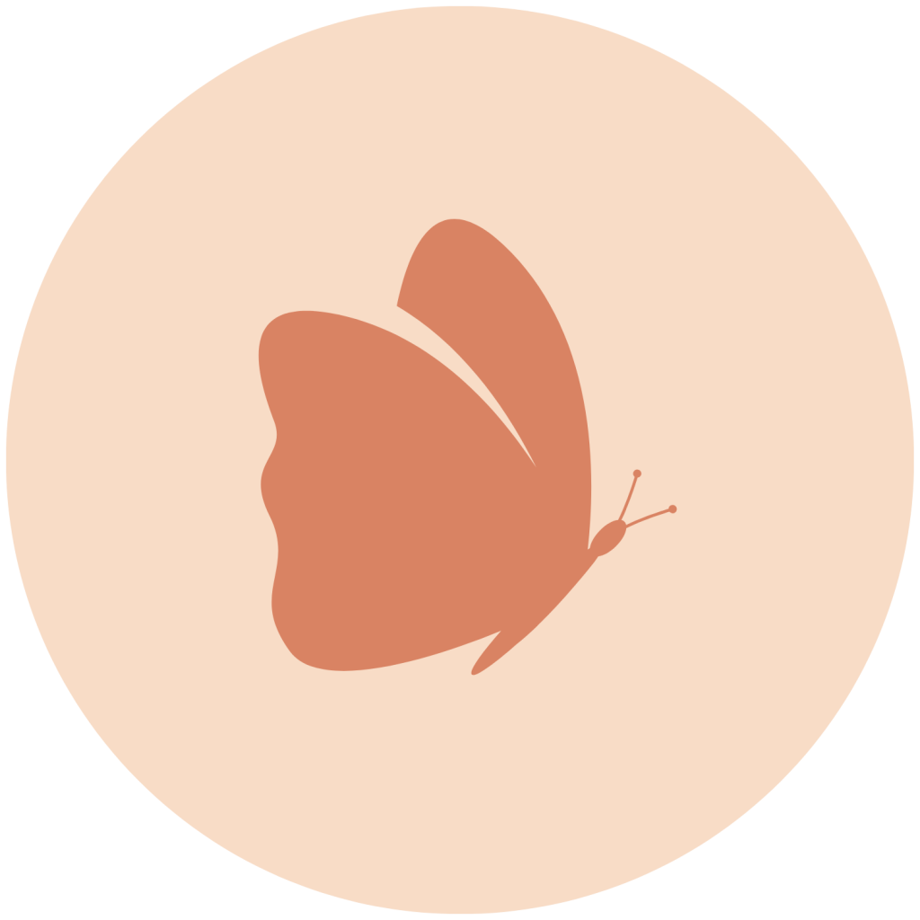 A butterfly icon on a light pinkish-beige circular background.