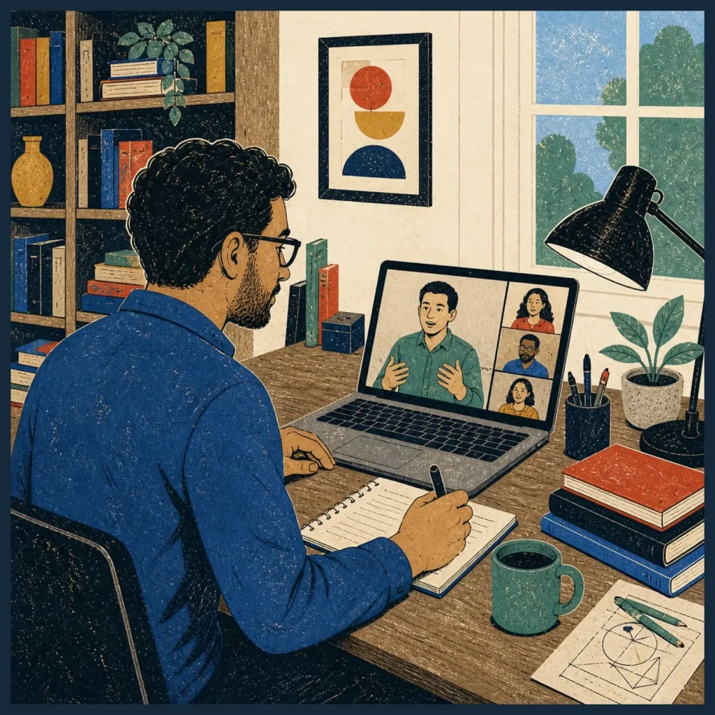 Man attending an online video class on a laptop while taking notes at a desk, demonstrating an alternative to Udemy.